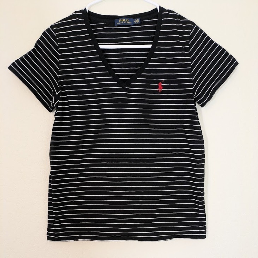 Polo‎ Ralph Lauren Classic Striped Shirt V Neck Black White Women's Medium
